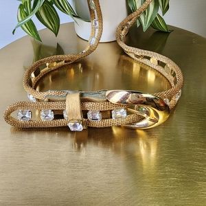 Sand Castle Vintage Gold Tone Mesh Belt with Large Clear Rhinestones